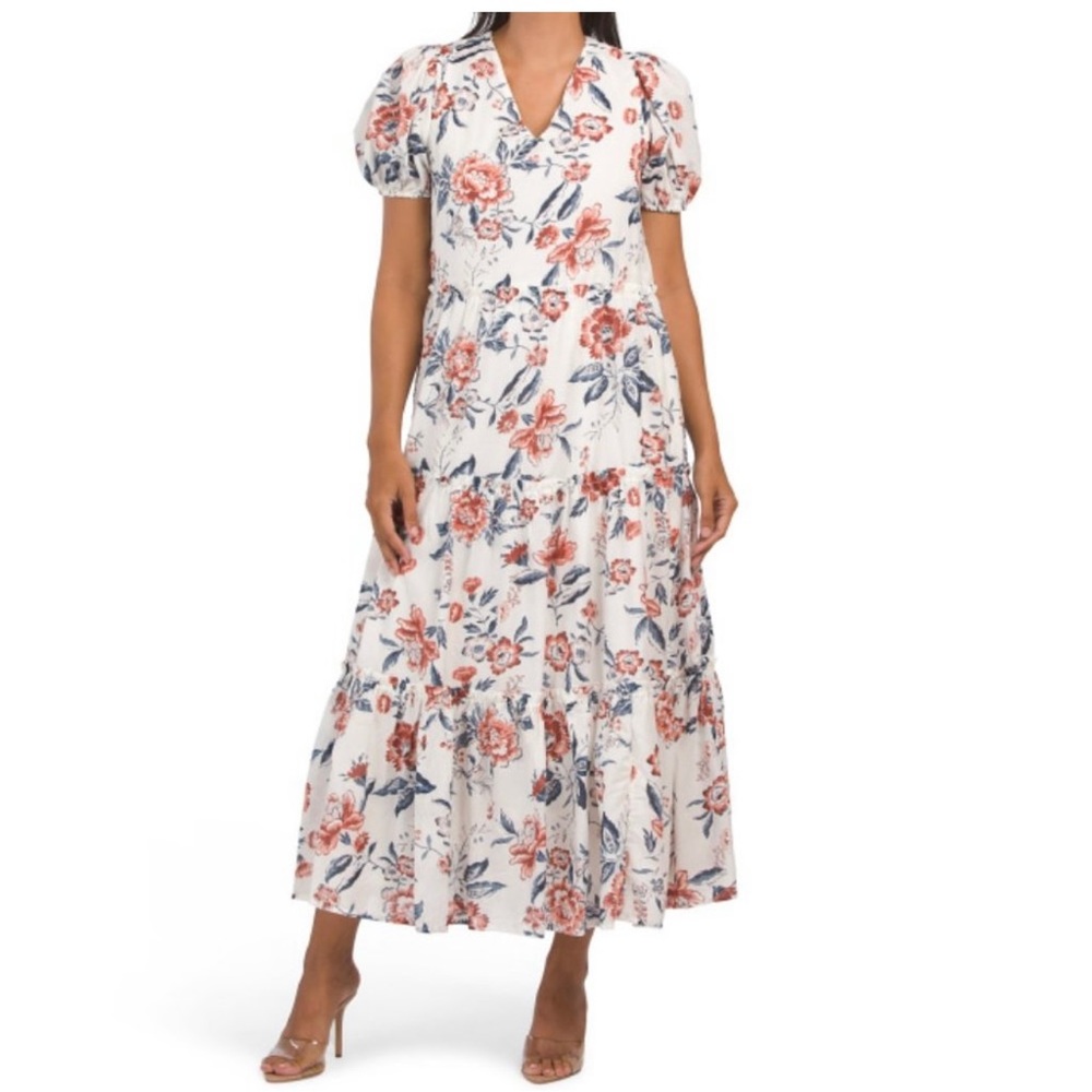 LUCKY BRAND
Floral Short Puff Sleeve V-Neck Tiered Tie Back Midi Dress